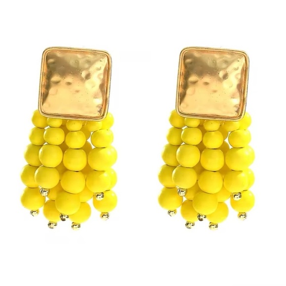 Zara Bold Yellow Beaded Statement Earrings with Gold Hammered Tops - Picture 1 of 9